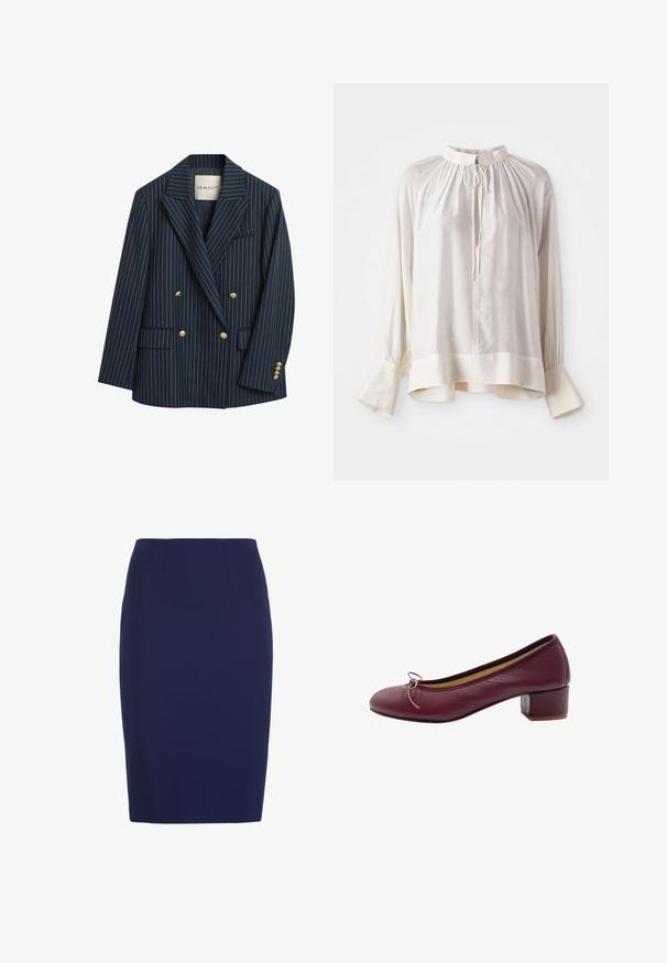 Marine gestreepte dubbelzijdige blazer met gouden knopen, notch-lapels en twee zakken aan de voorkant. De stof lijkt soepel met een getailleerde snit.; Witte zijden blouse met een hoge kraag, een geraffineerde halslijn en lange mouwen met uitlopende manchetten en een subtiele glans.; Marineblauwe kokerrok tot op de knie met een getailleerde taille en subtiele verticale naaddetails.; Bordeaux leren balletschoen met een ronde neus, kleine strikaccent en lage blokhak. Glad textuur en minimalistisch ontwerp.