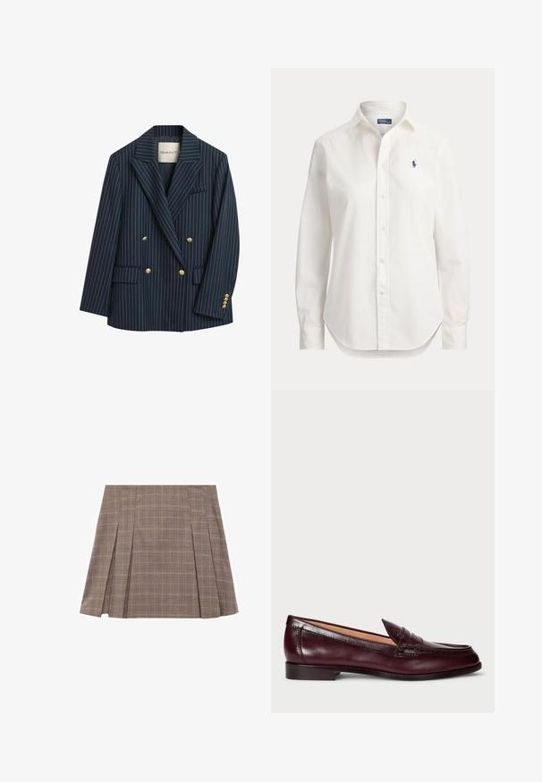 Blazer double boutonné à rayures marines avec boutons dorés, revers crantés et deux poches avant. Le tissu semble lisse avec une coupe ajustée.; Chemise blanche à manches longues avec boutons, col et petit logo bleu d’un joueur de polo sur la poitrine gauche.; Jupe mini plissée à carreaux marron avec des fentes latérales et une taille haute, présentant un motif à carreaux subtil.; Mocassins en cuir bordeaux avec une finition lisse, un bout arrondi, des coutures décoratives et un talon bas. L'intérieur est doté d'une douce doublure beige.