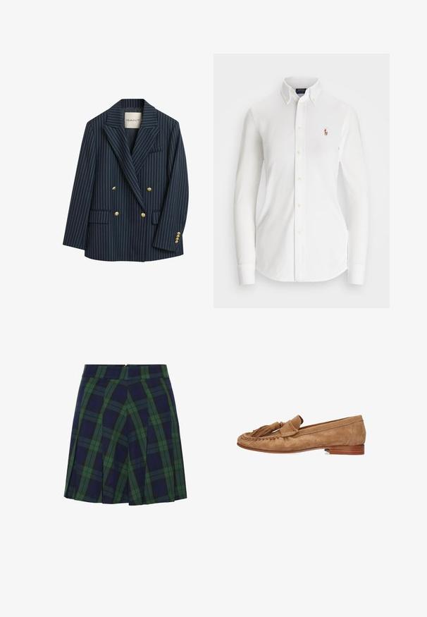 Marineblå stribet dobbeltbrystet blazer med guldknapper, klaplapper og to forlommer. Stoffet fremstår glat med en skræddersyet pasform.; Hvid langærmet skjorte med knapper og spids krave, lavet af bomuld. Har et lille broderet logo på venstre bryst.; Mørkeblå og grøn plisseret nederdel med tartanmønster og lynlåslukning bagpå.; Suedelæderslippers i lys brun med flad hæl, der har en dekorativ kvast og syet detaljering langs kanterne.