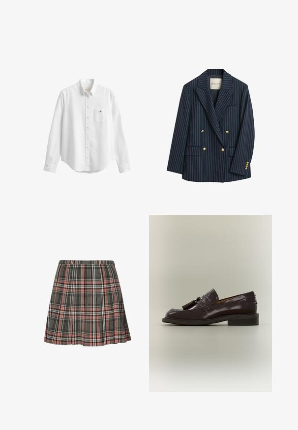 Marine gestreepte dubbelzijdige blazer met gouden knopen, notch-lapels en twee zakken aan de voorkant. De stof lijkt soepel met een getailleerde snit.; Witte blouse met lange mouwen, knopen, kraag en borstzak met een klein geborduurd logo op een effen achtergrond.; Geruite rok in grijs en roze, met een geplooid ontwerp met zwarte en witte accenten. Gemaakt van geweven stof, tot halverwege de dij.; Donkerbruine leren loafer met franjes, lage hak en gestikte zool, vanaf de zijkant getoond op een neutrale achtergrond.