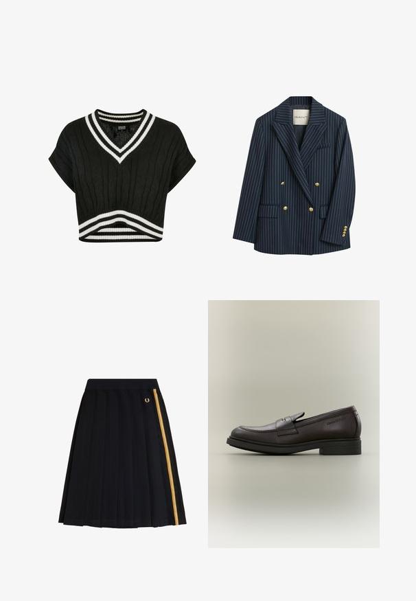 Marineblauer gestreifter Doppelreiher-Blazer mit goldenen Knöpfen, Reverskragen und zwei vorderen Taschen. Der Stoff wirkt glatt und hat eine maßgeschneiderte Passform.; Schwarzer, kurzer Pullover mit V-Ausschnitt, Struktur aus Kabelstrick, kurzen Ärmeln und doppelten weißen Streifen am Kragen und Saum.; Schwarzer Faltenrock mit einem gold-weißen vertikalen Streifen auf der rechten Seite und einem kleinen goldenen Lorbeer-Logo nahe dem Bund.; Dunkelbrauner Lederloafer mit schwarzer Sohle und niedrigem Absatz, mit Pennyriemen und eingeprägtem "Marc O'Polo" Logo an der Seite.