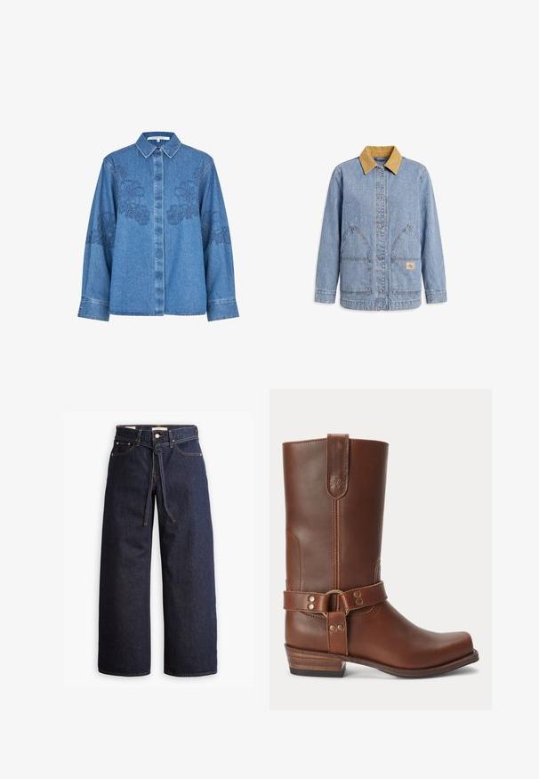 Veste en denim bleu clair avec col en velours côtelé beige, fermeture à boutons devant, deux grandes poches avant inclinées et manches longues.; Chemise en denim bleu clair avec broderie florale bleu foncé sur les épaules et les manches ; dotée d'un col classique et d'une fermeture à boutons.; Jeans en denim bleu foncé à jambes larges, avec une taille haute, dotés d'un lien à cordon, de cinq poches et de détails de couture contrastants.; Botte mi-mollet en cuir marron avec un petit talon en bois, bout rond et sangle décorative avec des clous métalliques autour de la cheville.