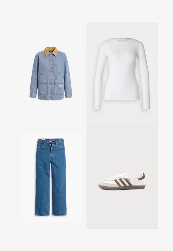 Lyseblå denimjakke med beige ribfløjlsflip, forreste knaplukning, to store skrå frontlommer og lange ærmer.; Hvid langærmet skjorte lavet af ribbet stof, med runde udskæring og tætsiddende pasform. Ingen mønstre eller accenter er til stede.; Blå denim lige ben jeans med høj talje, fem lomme design og knaplukning. Markante syninger og kobberfarvede nitter.; Hvid Adidas Samba sneaker med brune ruskindstriber, brun gummisål og beige ruskindståhætte, vist fra ydersiden på en ensfarvet baggrund.