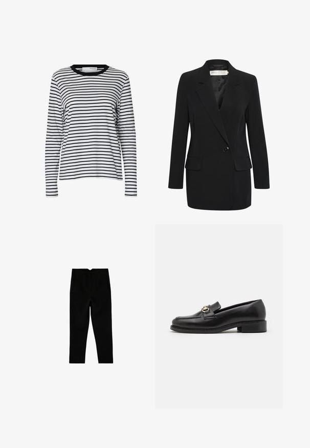 Sort blazer med insnit-lapel, enkelt knaplukning, to forlommer og en glat tekstur. Skræddersyet pasform med lange ærmer.; Hvid langærmet skjorte med sorte vandrette striber og en sort rund hals, vist på en ensartet hvid baggrund.; Sorte skræddersyede ankelkorte bukser med sidelommer og let tilspidset ben, vist fladt på en hvid baggrund.; Sort læder loafer med en lav blokhæl, der har en guldfarvet hardwaredetalje og detaljeret syning langs tåen og overdelen.