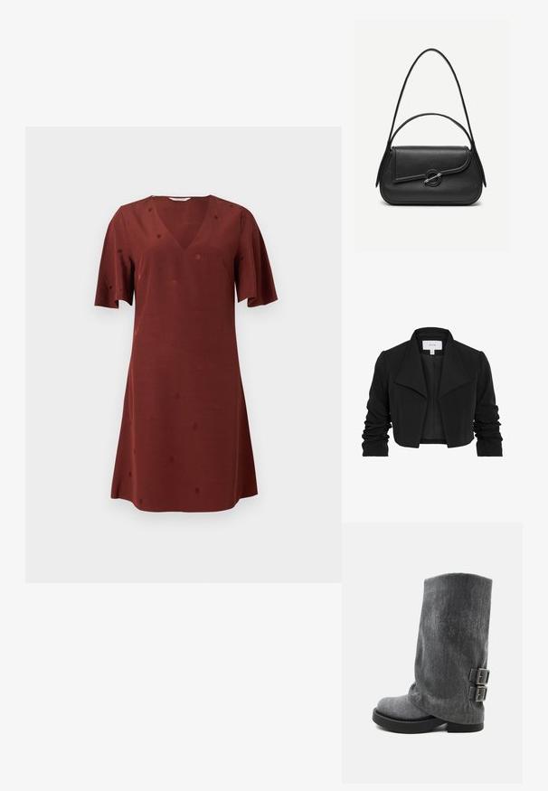 Veste noire cintrée en tissu lisse, avec un large col, des manches longues froncées et un design ouvert à l'avant.; Robe courte marron avec col en V, manches courtes et texture subtile à pois, présentée sur un fond clair uni.; Botte grise molle mi-mollet avec semelle noire et deux boucles latérales ajustables, vue de profil sur fond blanc.; Sac à main en cuir noir avec bords arrondis, rabat asymétrique, fermoir circulaire en métal, et des bandoulières courtes et longues.
