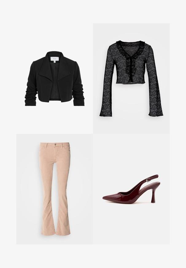 Sort kort jakke lavet af glat stof, med bred krave, rynkede lange ærmer og åben frontdesign.; ONLY ONLJESSICA FRILL - Langærmet T-shirt - black; Lysrosa fløjl flared jeans med subtil ribbet tekstur, frontlommer, lynlås og knaplukning, samt en let falmning langs benene.; Skinnende mørkerød spids tå slingback højhælet sko med en tynd justerbar rem og spids stilethæl på hvid baggrund.