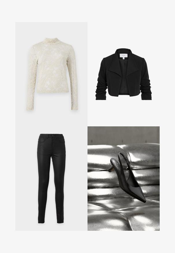 Sort kort jakke lavet af glat stof, med bred krave, rynkede lange ærmer og åben frontdesign.; Cremefarvet blonde top med høj hals, lange ærmer og blomsterdesign, med en tætsiddende silhuet og struktureret overflade.; Sorte højtaljede skinny jeans med for- og baglommer, bæltestropper og knaplukning på ensfarvet baggrund.; Sort spids slingback-sko med blank læderfinish, der har en lav blokhæl og en slank ankelrem, svævende over en metallisk overflade.