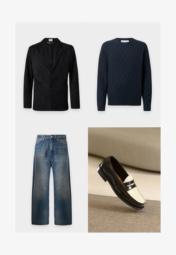 DRYKORN MARLS - Sakko - black; Marineblauer Strickpullover mit strukturiertem Muster, Rundhalsausschnitt und gerippten Bündchen sowie Saum. Aus weichem Garn für hohen Komfort gefertigt.; Hellblaue Denim-Jeans mit weitem Bein und ausgewaschenem Finish, ausgestattet mit fünf Taschen, einem Knopfverschluss und sichtbaren Nähdetails.; Schwarze Lederloafer mit einem cremefarbenen Schaft und schwarzen Akzentstreifen, ausgestattet mit einem niedrigen Absatz und detaillierter Naht entlang der Kanten.