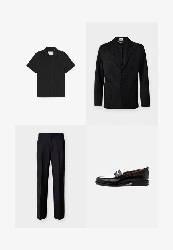 DRYKORN MARLS - Americana - black; Camisa negra de manga corta hecha de una tela transpirable que presenta intrincados patrones de corte y un frente abotonado.; Pantalones negros hechos a medida con corte recto, pinzas delanteras y bolsillos laterales. Elaborados con una tela suave y ligera con un patrón sólido.; Mocasín de cuero blanco y negro con detalles cosidos, tacón bajo y diseño tipo slip-on, mostrado de lado sobre un fondo liso.