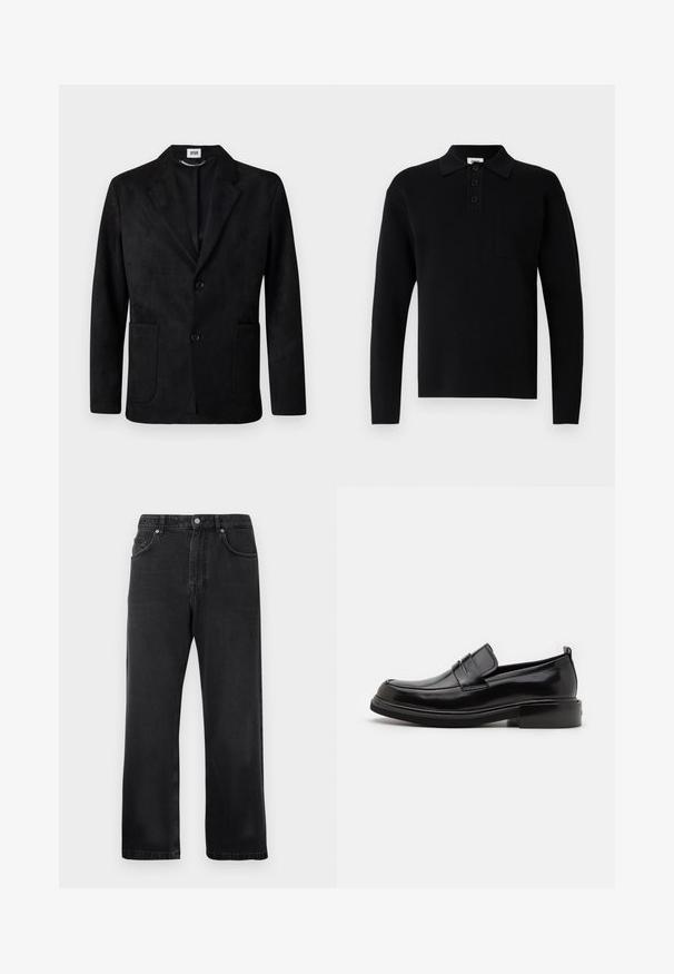 DRYKORN MARLS - Americana - black; Polo negro de manga larga hecho de material suave, con cuello, tapeta de tres botones y un pequeño bolsillo en el pecho.; Jeans negros de pierna recta con bolsillos frontales, lazos para el cinturón y un cierre de botón sobre un fondo blanco.; Calvin Klein MOCCASIN - Mocasines elegantes - black