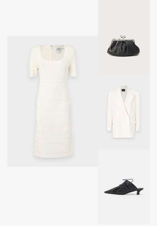Veste blanche croisée en tissu lisse. Elle présente un revers cranté, des manches longues et deux poches avant. Design épuré, accents minimaux.; Robe blanche en tricot à côtes avec un décolleté carré et des manches courtes ; elle présente des motifs de texture horizontaux et une fermeture éclair au dos.; Mules noirs en cuir à enfiler avec un bout pointu, une texture froncée et un petit talon aiguille. Présente un détail à cordon au niveau de l'ouverture.; Porte-monnaie en cuir noir avec texture froncée, cadre en métal argenté, fermeture à verrouillage kiss-lock et bandoulière en chaîne. Surface lisse et douce.