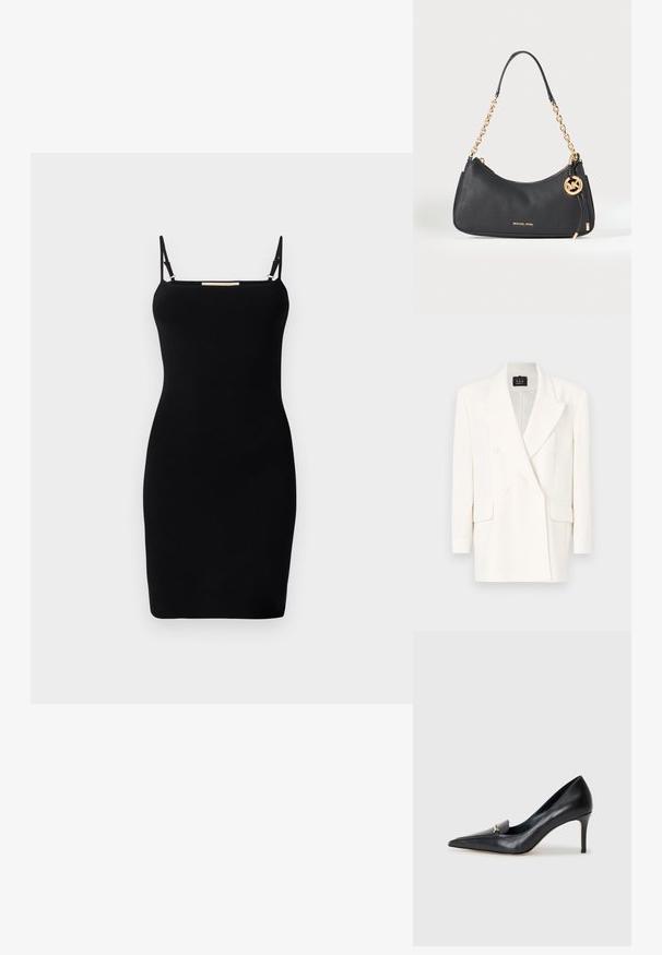 Blazer blanco cruzado de doble botonadura hecho de una tela lisa. Cuenta con solapa con muesca, mangas largas y dos bolsillos delanteros. Diseño limpio, con acentos mínimos.; Vestido negro de punto acanalado con tirantes delgados ajustables y escote recto. Corte entallado, diseño minimalista y sin patrones o acentos visibles.; Zapato de piel negra con punta afilada, escote bajo y un detalle decorativo dorado. Cuenta con un tacón de aguja y textura suave.; Bolso de mano de piel granulada negra con asa de cadena dorada, logo Michael Kors dorado en la parte delantera y un llavero circular MK colgando en un lateral.