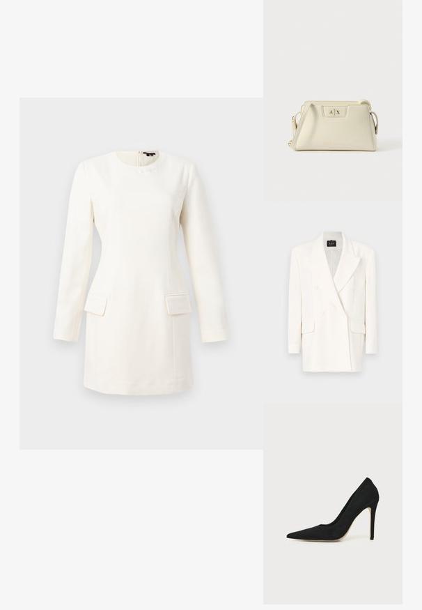 Blazer blanco cruzado de doble botonadura hecho de una tela lisa. Cuenta con solapa con muesca, mangas largas y dos bolsillos delanteros. Diseño limpio, con acentos mínimos.; Vestido blanco de manga larga con escote redondo, silueta ajustada, dos bolsillos frontales y un sutil logo grabado cerca del cuello. Textura de tela suave.; Zapato stiletto negro de tacón alto con punta afilada y textura lisa, mostrado de lado sobre un fondo claro y uniforme.; Bolso de cuero color crema con un diseño estructurado, logo de A|X en la parte frontal y una correa para el hombro que ofrece opciones de transporte versátiles.