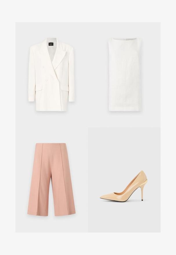Veste blanche croisée en tissu lisse. Elle présente un revers cranté, des manches longues et deux poches avant. Design épuré, accents minimaux.; Haut en lin blanc sans manches, à coupe droite, décolleté bateau et sans fermetures visibles. Il présente un tissu doux et texturé.; AERON PEN - Short - mottled pink; Escarpin à talon haut en cuir verni beige avec bout pointu et talon aiguille fin, orné d'un petit accent doré à l'arrière.