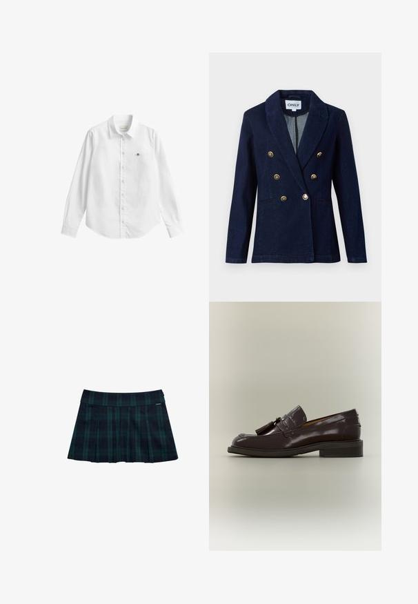 Blazer azul marino de doble botonadura con botones en tono dorado, solapa muestrada y dos bolsillos frontales. Fabricado en material de denim suave.; Camisa blanca de manga larga con botones, confeccionada en tela con una ligera textura. Cuenta con un bolsillo frontal con un pequeño logo bordado y un cuello clásico.; Falda plisada de cuadros en verde oscuro y azul marino con una cintura lisa y un detalle con logo. Presenta un diseño clásico de pliegues en capas.; Mocasín de cuero marrón oscuro con borlas, tacón bajo y suela cosida, mostrado de lado sobre un fondo neutro.