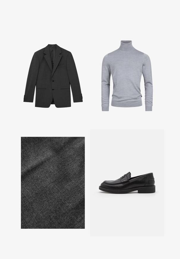 Mørkegrå skræddersyet blazer med hakkede revers, to knapper foran, manchetter med tre knapper og tre forlommer, vist fladt mod en hvid baggrund.; Grå turtleneck sweater lavet af et blødt strikket stof. Har lange ærmer og en tætsiddende design med ribbede manchetter og kant. Enkel, glat tekstur.; Struktureret sort stof med en blød, let skinnende overflade, der viser et subtilt vævemønster og en glat fald.; Sorte læder loafers med en rund tå, tonale syninger og en stropdetalje foran. Gummisål med en lav hæl.