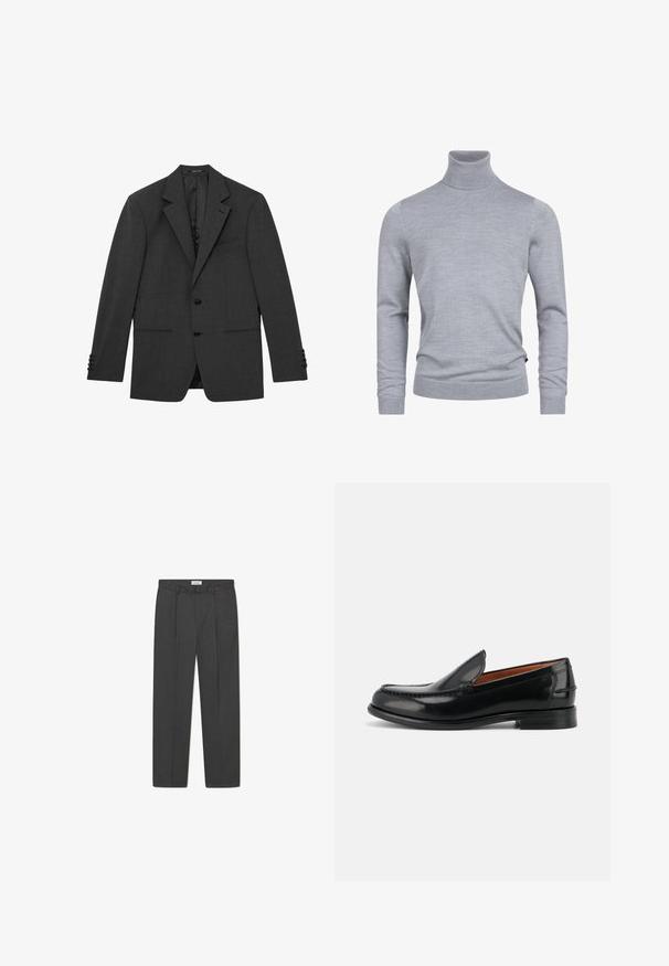 Blazer gris oscuro a medida con solapas con muesca, dos botones frontales, puños de tres botones y tres bolsillos frontales, mostrado plano sobre un fondo blanco.; Suéter gris de cuello tortuga hecho de un suave tejido de punto. Cuenta con mangas largas y un diseño ajustado con puños y dobladillo acanalados. Textura simple y suave.; Pantalones grises a medida con un sutil patrón de cuadro, tejido texturizado y pliegues delanteros, presentando una cinturilla con pasadores para cinturón.; Mocasín negro de cuero pulido, tipo slip-on, con tacón bajo y detalles cosidos a lo largo de la puntera y los costados, mostrado de lado.