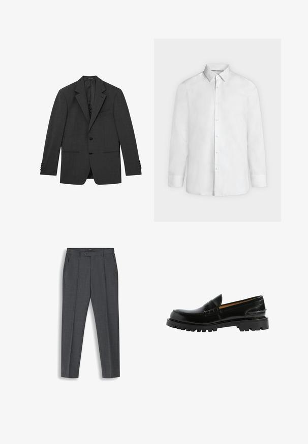 Mørkegrå skræddersyet blazer med hakkede revers, to knapper foran, manchetter med tre knapper og tre forlommer, vist fladt mod en hvid baggrund.; Hvid skjorte med lange ærmer, spredt krave og knapmanchetter, vist forfra på en ensfarvet lysegrå baggrund.; Mørkegrå, skræddersyede herrebukser med for-plocher, bæltestropper, sidelommer og lukning i taljen med knap.; Sorte læder loafers med en behagelig silhuet, teksturerede detaljer på overdelen og en robust sort gummisål.