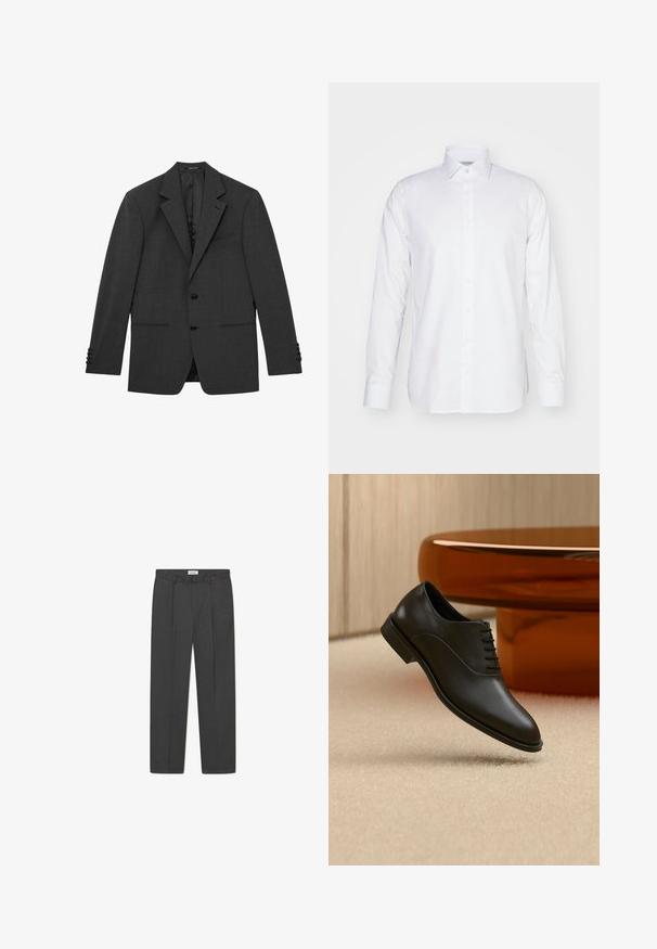 Blazer gris oscuro a medida con solapas con muesca, dos botones frontales, puños de tres botones y tres bolsillos frontales, mostrado plano sobre un fondo blanco.; Camisa blanca de manga larga confeccionada en algodón, con cuello con solapa, cierre de botones y un corte ajustado con aberturas laterales en el dobladillo.; Pantalones grises a medida con un sutil patrón de cuadro, tejido texturizado y pliegues delanteros, presentando una cinturilla con pasadores para cinturón.; Zapato de vestir negro de cuero pulido con cordones flotando sobre una alfombra beige, con una gran mesa de cristal redonda de color ámbar al fondo.