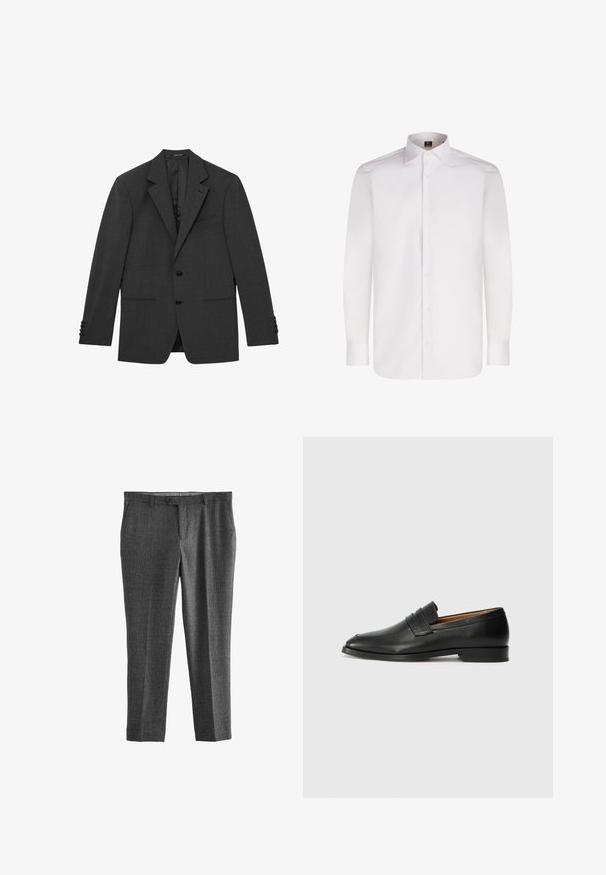 Mørkegrå skræddersyet blazer med hakkede revers, to knapper foran, manchetter med tre knapper og tre forlommer, vist fladt mod en hvid baggrund.; Hvid langærmet skjorte med knapper lavet af glat stof, med klassisk krave og rund kant, der har forknapper og manchetter.; Grå skræddersyede bukser med en struktureret stof, som har lynlås, frontlommer og en lige ben-design. Ingen synlige mønstre eller accenter.; Sort læder loafer med rund tå, diskret syning, og lav hæl, der har en glat tekstur og minimalistisk design.