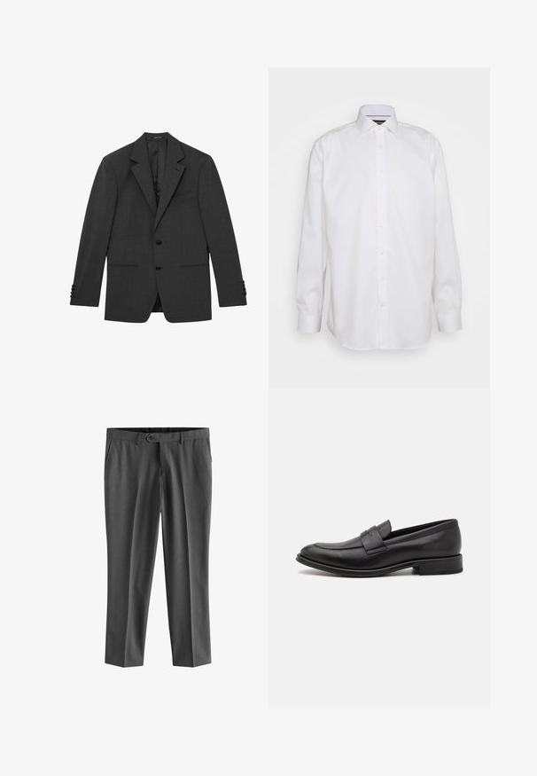 Mørkegrå skræddersyet blazer med hakkede revers, to knapper foran, manchetter med tre knapper og tre forlommer, vist fladt mod en hvid baggrund.; Lindbergh Business skjorter - white; Next REGULAR FIT - Habitbukser - charcoal grey; Sort læderloafer med en glat finish, en dekorativ rem over vristen, rund tå og en lav stablet hæl.