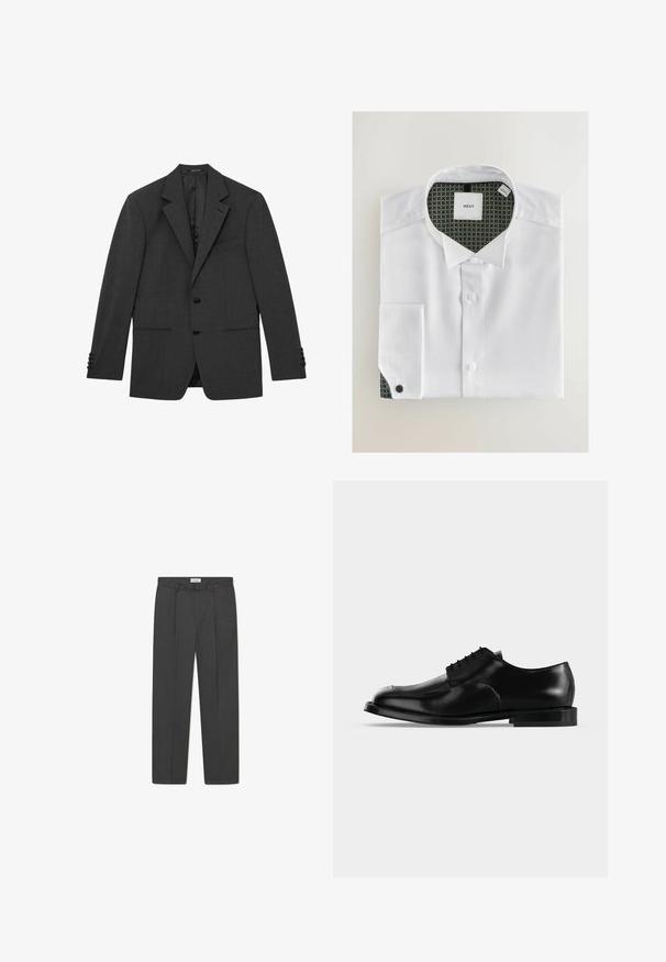 Blazer gris oscuro a medida con solapas con muesca, dos botones frontales, puños de tres botones y tres bolsillos frontales, mostrado plano sobre un fondo blanco.; Camisa blanca de botones con tela texturizada, doblada cuidadosamente. El interior del cuello presenta un patrón verde con círculos dorados. Etiqueta de la marca visible.; Pantalones grises a medida con un sutil patrón de cuadro, tejido texturizado y pliegues delanteros, presentando una cinturilla con pasadores para cinturón.; Zapato de vestir para hombre de cuero negro con cordones, acabado liso y tacón bajo, mostrado de perfil sobre un fondo claro y uniforme.