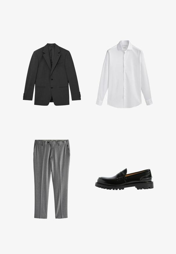 Dunkelgrauer, maßgeschneiderter Blazer mit gekerbtem Revers, zwei vorderen Knöpfen, Dreiknopfmanschetten und drei vorderen Taschen, flach liegend vor weißem Hintergrund dargestellt.; Weißes langärmliges Hemd mit Knopfleiste und Kentkragen, aus glattem Stoff gefertigt. Verfügt über einen geraden Saum und Ein-Knopf-Manschetten.; Graue formelle Hose mit Gürtelschlaufen, Frontknopfverschluss und Seitentaschen, flach auf weißem Hintergrund dargestellt.; Schwarze Lederloafers mit einer bequemen Silhouette, strukturierten Details im Obermaterial und einer robusten schwarzen Gummisohle.