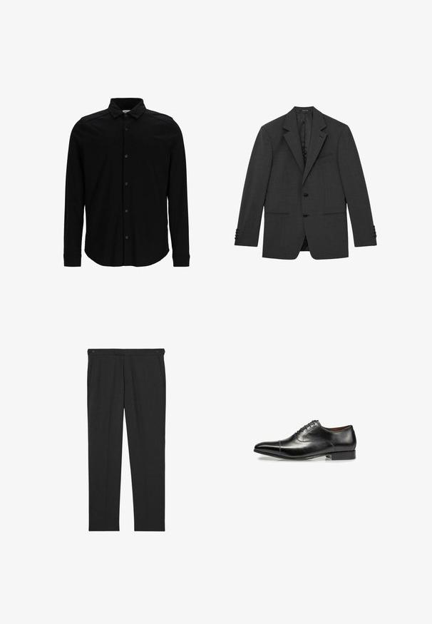 Donkergrijs getailleerd colbert met inkeping revers, twee knopen aan de voorkant, drieknops manchetten en drie voorzakken, plat liggend getoond tegen een witte achtergrond.; Zwarte langmouwen shirt van gladde stof, met een knoopsluiting aan de voorkant, een kraag en een subtiel geborduurd logo op de borst.; Donkere grijze broek van gestructureerde stof, voorzien van twee steekzakken aan de voorkant en twee knopen aan de tailleband voor sluiting. Vlak voorpand ontwerp.; Zwarte leren formele schoen met een slanke, puntige neus, zes gaatjes voor de vetersluiting en een lage hak. Glad oppervlak met minimale stiksels.