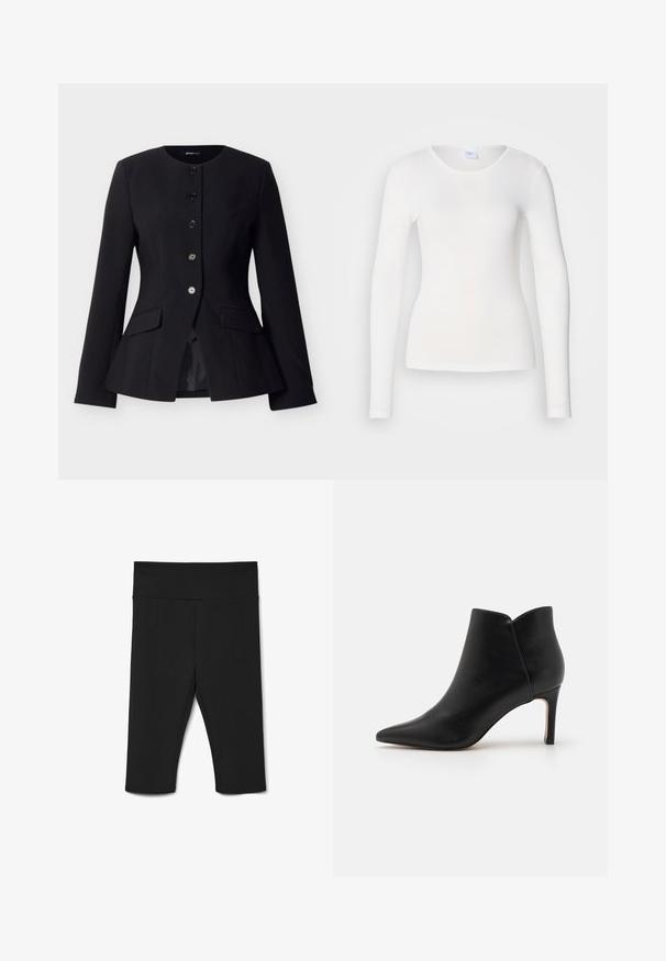 Blazer negro a medida para mujer con cuello redondo, cinco botones delanteros, mangas largas y dos bolsillos con solapa.; Camisa blanca de manga larga hecha de una tela suave y lisa; presenta un cuello redondo y una forma ajustada, sin patrones ni adornos.; Leggings negros hasta la rodilla hechos de un tejido elástico, con una cinturilla ancha y costuras planas para mayor comodidad. Sin patrones ni acentos visibles.; Botines de cuero negro hasta el tobillo con punta afilada, diseño tapered y tacón de aguja, que cuentan con una abertura en el tobillo con un borde festoneado único.