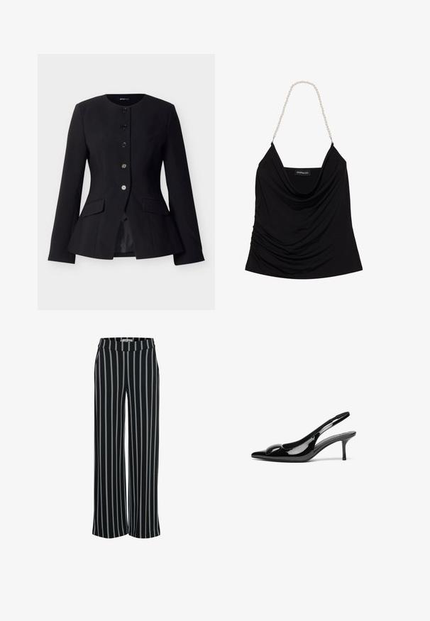 Blazer negro a medida para mujer con cuello redondo, cinco botones delanteros, mangas largas y dos bolsillos con solapa.; Top de tankini negro con escote drapeado y tejido texturizado. Presenta tirantes de cadena de perlas y una etiqueta con el logo en el interior.; Pantalones de tela negra con rayas verticales azules, diseño de pierna ancha y cintura elástica. Textura suave, sin cierres visibles.; Tacones slingback de charol negro con punta afilada y acabado brillante. Presentan un tacón delgado y un acento redondeado en el empeine.