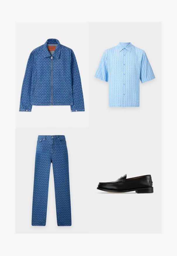 Blauwe geblokte spijkerjacket met een rechte snit. Beschikt over een ritssluiting, twee zijzakken en een klassieke kraag. Gestructureerd stofdetail.; Lichtblauw overhemd met korte mouwen, knoopsluiting, witte en donkerblauwe geometrische kettingschakelpatroon en puntige kraag.; Blauwe spijkerbroek met een herhalend textuurpatroon, vijf zakken en een knoopsluiting in de tailleband. Rechte pijp.; Zwarte leren herenloafer met een lage hak en mocassinstiksels op de teen, zijaanzicht op een effen achtergrond.