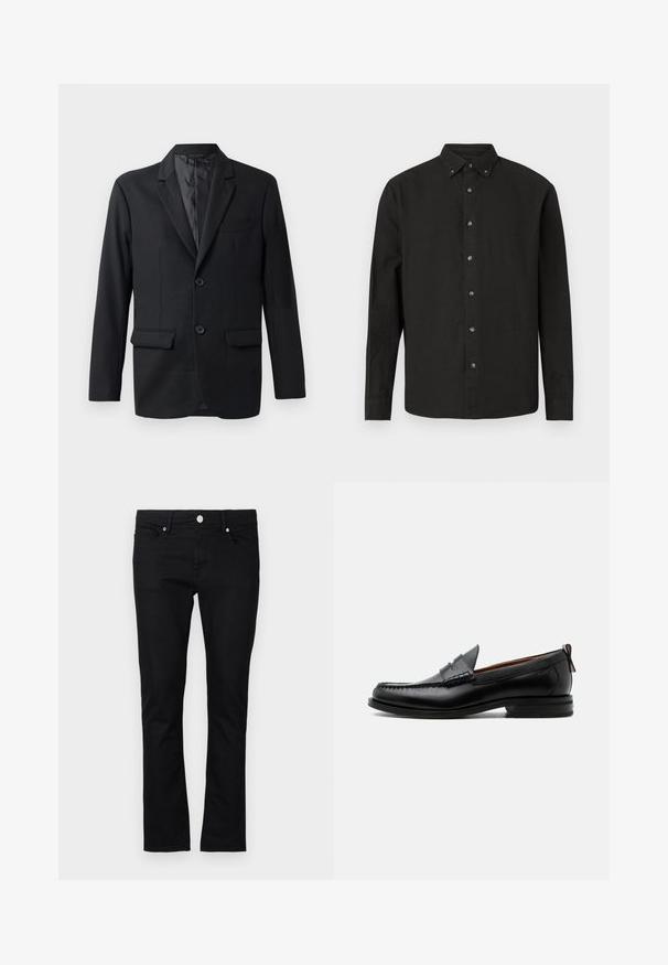 Schwarze Blazer aus glattem Stoff, mit Reverskragen, zwei Vorder Taschen und zwei Knöpfen. Schlanker Schnitt mit minimalistischem Design.; Schwarzes Langarm-Hemd mit Knopfleiste, spitzem Kragen und geknöpften Manschetten, auf einem weißen Hintergrund präsentiert.; Schwarze Denim-Jeans im slim fit Schnitt, mit geradem Bein, im Fünf-Taschen-Stil und Metallknopfverschluss, mit minimalen Steppdetails.; Schwarzer Leder-Herrenschuh mit Mokassinnaht, Penny-Riemen, strukturiertem Kragen und niedrigem gestapeltem Absatz auf weißem Hintergrund.