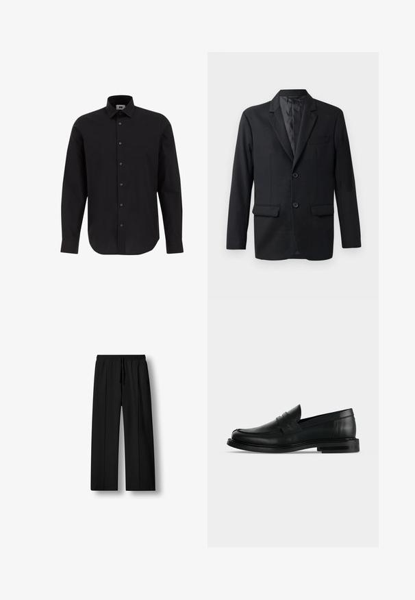 Blazer noir en tissu lisse, avec un revers en notch, deux poches avant et deux boutons. Coupe ajustée avec un design minimaliste.; Chemise noire à manches longues, à boutons, en tissu tissé, avec un col classique, un ourlet droit et des boutons noirs sur le devant.; Pantalon noir ample avec taille élastique et cordelette, jambes droites, détail de pli frontal, présenté sur fond blanc.; Mocassin penny pour homme en cuir noir avec talon bas empilé et bout arrondi, vu de profil sur fond gris clair.