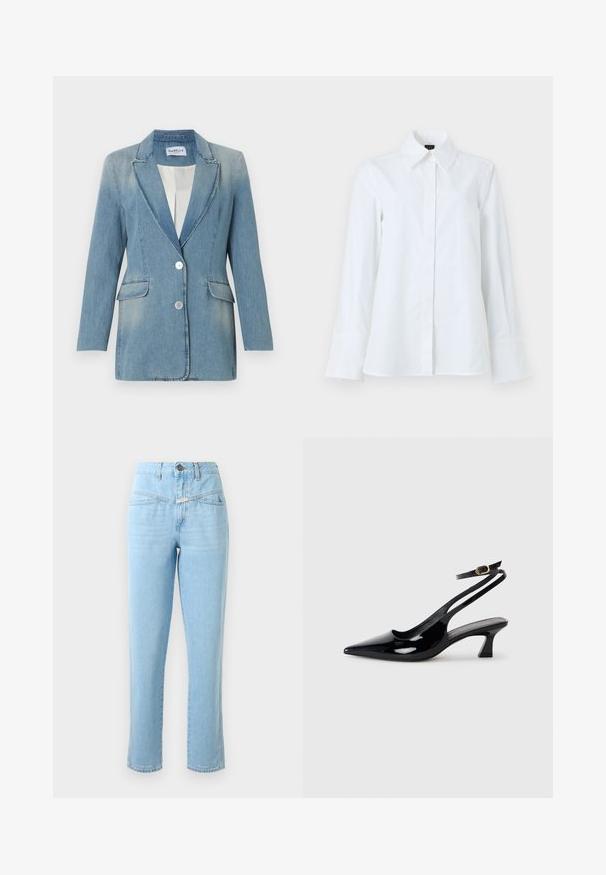 Hellblauer Jeansblazer mit langen Ärmeln, zwei vorderen Klappentaschen, Reverskragen mit Kerbe und zwei weißen Knöpfen vorne.; Weißes Langarmhemd mit spitzem Kragen, durchgehender Knopfleiste vorn und geradem Saum. Hergestellt aus glattem, einfarbigem Stoff ohne Muster oder Verzierungen.; Hoch taillierte, hellblaue Denim-Jeans mit Fronttaschen, Knopf- und Reißverschluss und geradem Beinschnitt.; Schwarze Lackleder Slingback-Absätze mit spitzem Schuhblatt, niedrigem Blockabsatz und verstellbarem Knöchelriemen mit goldener Schnalle.
