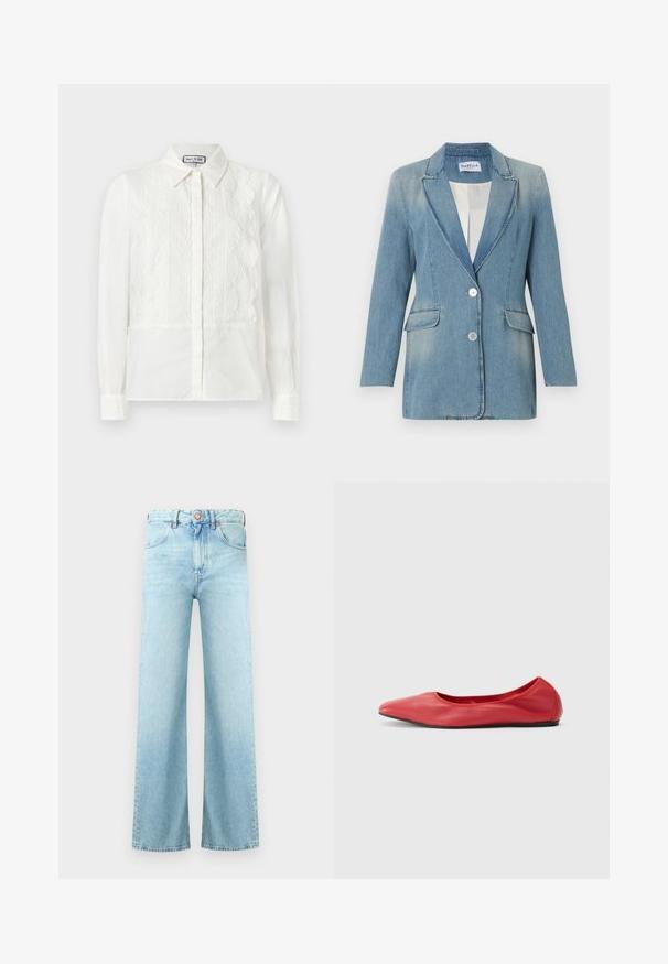 Blazer en denim bleu clair à manches longues, deux poches à rabat à l'avant, col cranté et deux boutons blancs sur le devant.; Blouse blanche à manches longues avec panneaux avant en dentelle, bords festonnés, fermeture à boutons et col pointu, présentée sur un fond uni.; Jean en denim bleu clair à taille haute, fermeture à bouton, poches avant et jambes larges et droites.; Filippa K REY FLATS - Ballerines - bright red
