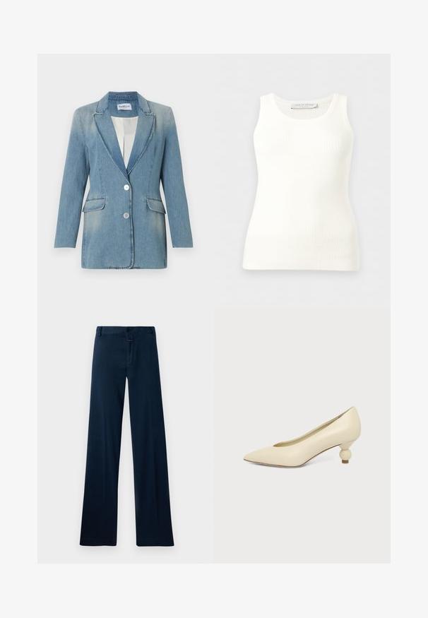 Lyseblå denimblazer med lange ærmer, to forlommer med klap, reverskrave med hakket design og to hvide knapper foran.; Hvid, ribstrikket, ærmeløs tanktop med rund halsudskæring, tætsiddende pasform og mærkeetiket på indersiden af bagkraven.; Mørkeblå, vide bukser lavet af blødt stof. Har en frontlukning med knap, bæltesløjfer og en ren kant. Ingen synlige mønstre eller detaljer.; Kremfarvet damesko med spids snude og lav hæl, hvor hælen er rund og kugleformet, på en ensfarvet baggrund.