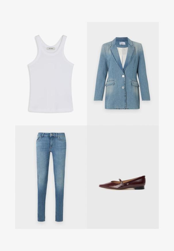 Blazer de mezclilla azul claro con mangas largas, dos bolsillos delanteros con solapa, cuello con solapa en pico y dos botones blancos en la parte delantera.; Top blanco sin mangas hecho de un tejido suave, con un escote redondo y tirantes anchos, con una etiqueta en el interior que dice "IVY OAK."; Vaqueros ajustados de color azul claro con botón frontal, cierre de cremallera y diseño de cinco bolsillos sobre un fondo blanco liso.; Zapato plano de charol burdeos con punta afilada y una cinta decorativa a lo largo del empeine. Cuenta con un tacón bajo negro.