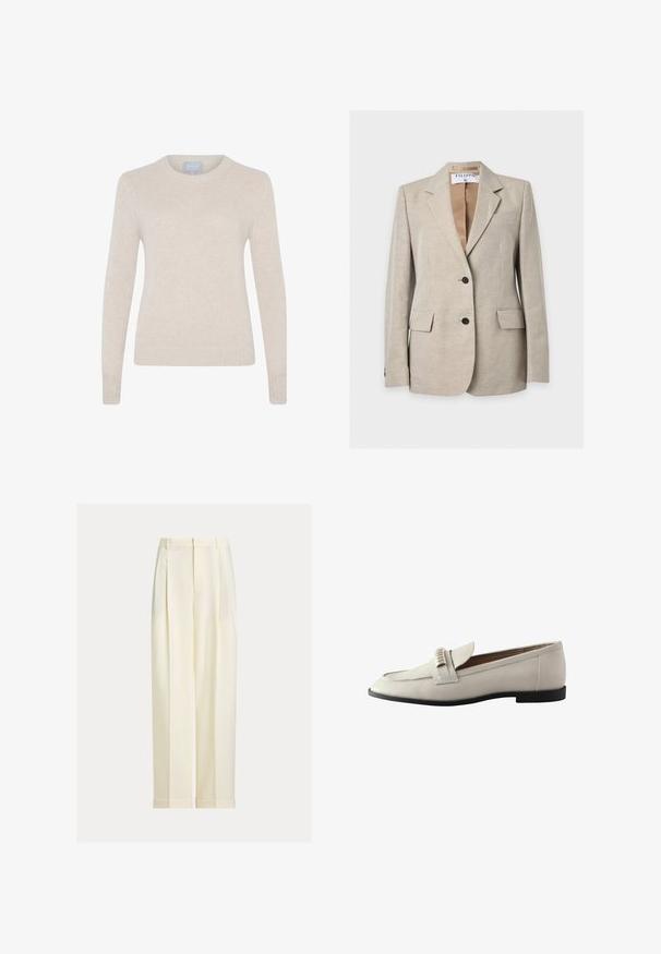 Lichtbeige getailleerde blazer met twee knopen aan de voorkant, notch-revers, klepzakken en een zichtbaar merkembleem binnenin de kraag.; Style Republic Trui - sand; Roomkleurige op maat gemaakte broek met plooien aan de voorkant, riemlussen en omgeslagen zomen, afgebeeld op een effen achtergrond.; Lichtgrijze leren instaploafer met een ronde neus, decoratieve voorkantstrap en een lage zwarte rubberen hak. Soepele textuur met minimale versieringen.