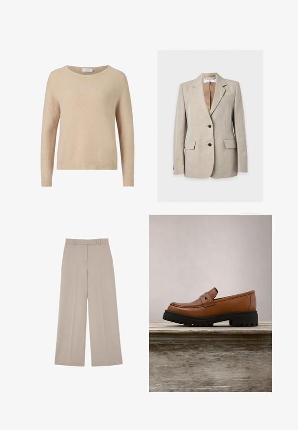 Lyse beige skræddersyet blazer med to forreste knapper, hakkede reverser, klaplommer og et synligt mærke indvendigt i kraven.; Beige striktrøje med rund halsudskæring, lange ærmer og ribkant. Blød tekstur og afslappet pasform. Mærke synligt ved halsudskæringen.; Beige bukser med vide ben, bæltestropper, forlommer og presning ned langs midten af hvert ben.; Brun læderloafer med tyk sort sål svævende over en træoverflade med højt grønt græs i baggrunden.