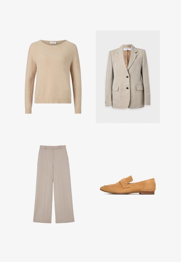 Blazer beige claro a medida con dos botones frontales, solapas con muesca, bolsillos con solapa y etiqueta de marca visible dentro del cuello.; Suéter de punto beige con escote redondo, mangas largas y dobladillo acanalado. Textura suave y corte informal. Etiqueta visible en el escote.; Pantalones beige de pierna ancha con trabillas para el cinturón, bolsillos delanteros y una raya en el centro de cada pierna.; Mocasines de ante color arena con tacón plano, punta redondeada y una tira cosida en el empeine para un acabado refinado.