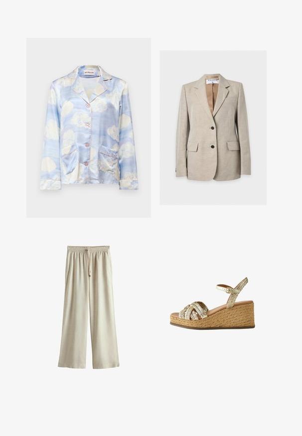 Blazer beige claro a medida con dos botones frontales, solapas con muesca, bolsillos con solapa y etiqueta de marca visible dentro del cuello.; Camisa de pijama de seda en azul claro con patrones de nubes, que presenta un cuello con muesca, cinco botones y dos bolsillos frontales con un ribete en rosa pálido.; Pantalones beige de pierna ancha con cintura elástica y cordón, con bolsillos laterales, exhibidos sobre un fondo blanco.; Sandalia con cuña y plataforma de cuerda trenzada, tiras trenzadas metálicas y hebilla ajustable en el tobillo en tonos beige y dorados.