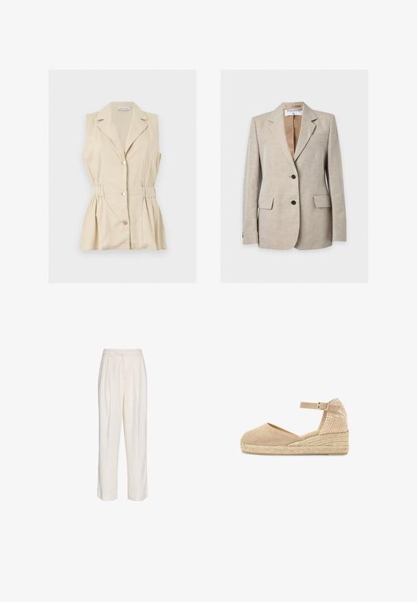 Blazer beige clair sur mesure avec deux boutons sur le devant, revers crantés, poches à rabat et étiquette de marque visible à l'intérieur du col.; Blouse beige sans manches avec boutons, col et taille cintrée, présentée à plat sur fond blanc.; Pantalon blanc taille haute sur mesure avec plis, passants de ceinture et jambes droites, présenté sur un fond blanc uni.; Espadrille compensée beige avec boucle de sangle à la cheville, contrefort tissé et semelle en jute tressé.