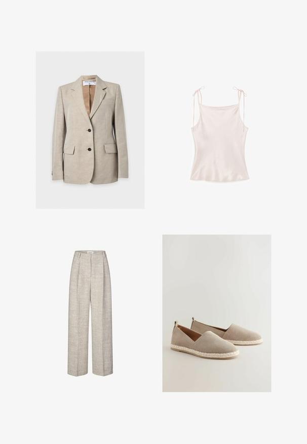 Blazer beige claro a medida con dos botones frontales, solapas con muesca, bolsillos con solapa y etiqueta de marca visible dentro del cuello.; Camiseta de tirantes de color rosa claro sedoso con tirantes finos en los hombros atados en lazos, textura suave y dobladillo ligeramente acampanado.; Pantalones de tiro alto en gris claro con una tela texturizada, piernas anchas y dos pliegues frontales. Con cierre de botón en la parte delantera y presillas para cinturón.; Zapatos de ante beige de tipo slip-on con suela de yute trenzado, que presentan un diseño de corte bajo y un pequeño tacón en la parte posterior.