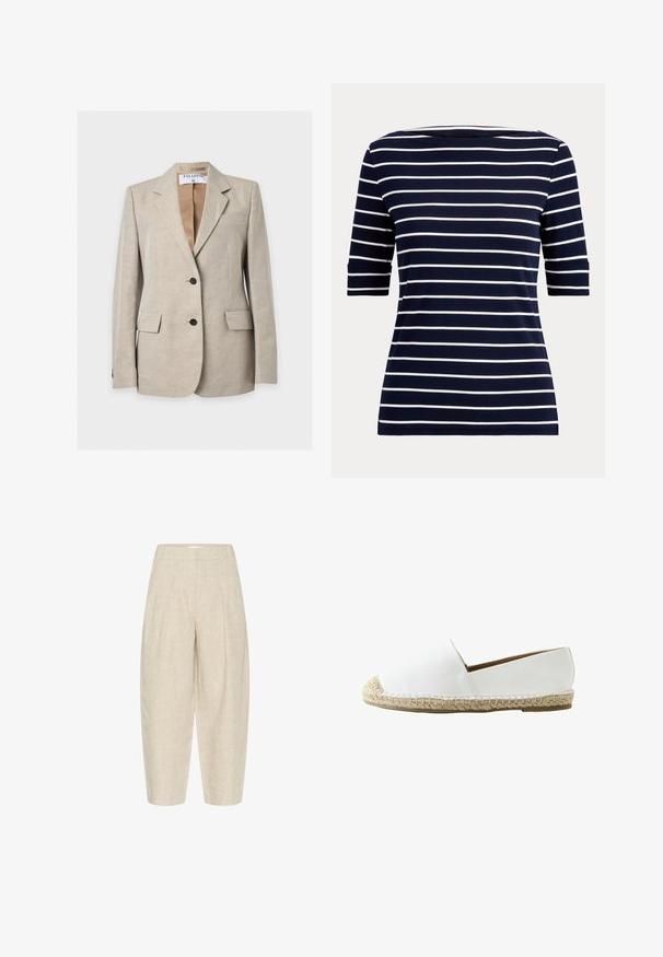 Lyse beige skræddersyet blazer med to forreste knapper, hakkede reverser, klaplommer og et synligt mærke indvendigt i kraven.; Marineblå skjorte med hvide vandrette striber og albuelange ærmer, vist på en ensfarvet lys baggrund.; Beige linnedbukser med løs pasform, der har folder ved taljen, cropped længde, og et tekstureret, vævet stof.; Hvid slip-on espadrille med flettet jutesål og rundet tå, designet til afslappet brug.