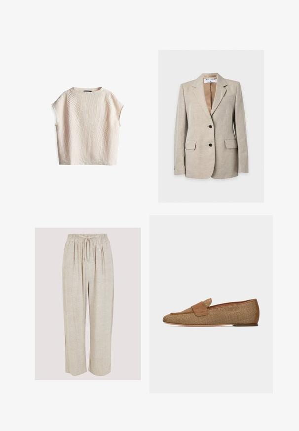 Lichtbeige getailleerde blazer met twee knopen aan de voorkant, notch-revers, klepzakken en een zichtbaar merkembleem binnenin de kraag.; Kortärmelig top in crèmekleur met een gestructureerd golfpatroon; losse pasvorm en ronde hals; gemaakt van lichtgewicht stof.; Beige linnen broeken met een wijd beenontwerp, een elastische tailleband en een trekkoord. Gladde textuur met subtiele slubs door de stof.; Loafer van geweven beige stof met suède bandje en rand, platte zool, zijaanzicht op witte achtergrond.