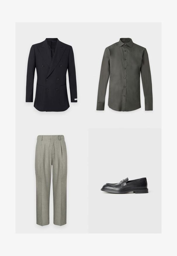Blazer noir à double boutonnage avec revers crantés, six boutons, deux poches avant et une petite étiquette sur la manche inférieure.; Chemise homme gris foncé à manches longues, boutonnée, avec col classique, présentée à plat sur un fond clair.; Pantalons gris clair en tissu texturé. Ils présentent une coupe droite, des plis à l'avant et une taille plate.; Mocassins en cuir noir avec une finition texturée, dotés d'une bride décorative à l'avant et d'un bout arrondi. Semelle en caoutchouc pour plus de durabilité.