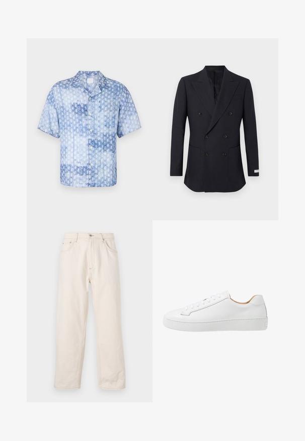 Čierne dvojradové sako s výrezmi na klopách, šiestimi gombíkmi, dvoma prednými vreckami a malou nášivkou na dolnom rukáve.; 120% Lino SHORT SLEEVE REGULAR FIT MEN SHIRT - Košeľa - washed blue; Bežové rovné džínsy vyrobené z denimu, s uzatvorením na gombík, piatimi vreckami a viditeľnými švovými detailmi. Hladký povrch.; Biele kožené tenisky s hladkým povrchom, zaoblenou špičkou, plochým šnurovaním a hrubou gumovou podrážkou so štruktúrovaným vzorom pre lepšiu priľnavosť.