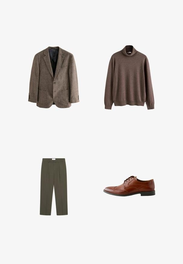 Hnedý houndstooth blazer, textúrovaná tkanina, dve predné vrecká, uzatváranie na jeden gombík, klopové reverzy, čierna podšívka.; Hnedý sveter s rolákom vyrobený z mäkkej látky. Má dlhé rukávy a voľný strih, s rebrovaným golierom a detailmi na leme.; Olivové zelené nohavice s vertikálnymi pruhmi, s upraveným pásom, skladmi a strihom rovného nohu. Hladký povrch.; Hnedá kožená pánska brogue obuv s detailmi wingtip a čiernou podrážkou, pohľad zboku na bielom pozadí.