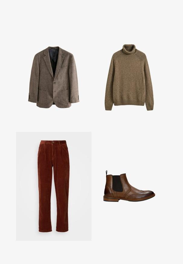 Bruine houndstooth blazer, gestructureerde stof, twee voorzakken, sluiting met één knoop, notch-revers, zwarte binnenvoering.; Bruine gebreide coltrui met lange mouwen en geribbelde manchetten, zoom en kraag, weergegeven op een witte achtergrond.; Katoenen corduroy broek in een rijke bruine kleur; heeft een geplooide voorkant, rechte pijpen en een knoopsluiting bij de taille.; Bruine leren Chelsea-laars met brogue-details, elastische zijpanelen, aantreklipje en lage gestapelde houten hak, weergegeven in profielzicht.