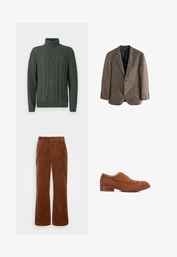 Braune Hahnentrittmuster-Jacke, strukturierter Stoff, zwei Fronttaschen, einknöpfiger Verschluss, schmaler Reverskragen, schwarze Innenauskleidung.; Dunkelgrüner Strickpullover mit Rollkragen, versehen mit Diamant- und Zopfmuster, sowie gerippten Bündchen und Saum.; Braune Cordhosen mit einem weit geschnittenen Design, das eine vertikale Rippstruktur, einen Knopfverschluss und standardmäßige Gürtelschlaufen aufweist.; Braune Wildleder-Oxfordschuhe mit Flügelspitze, runder Zehenpartie und brauner Ledersohle. Verfügt über durchbrochene Akzente entlang des Schafts.